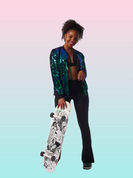Chaqueta bomber de lentejuelas reversibles verde/azul